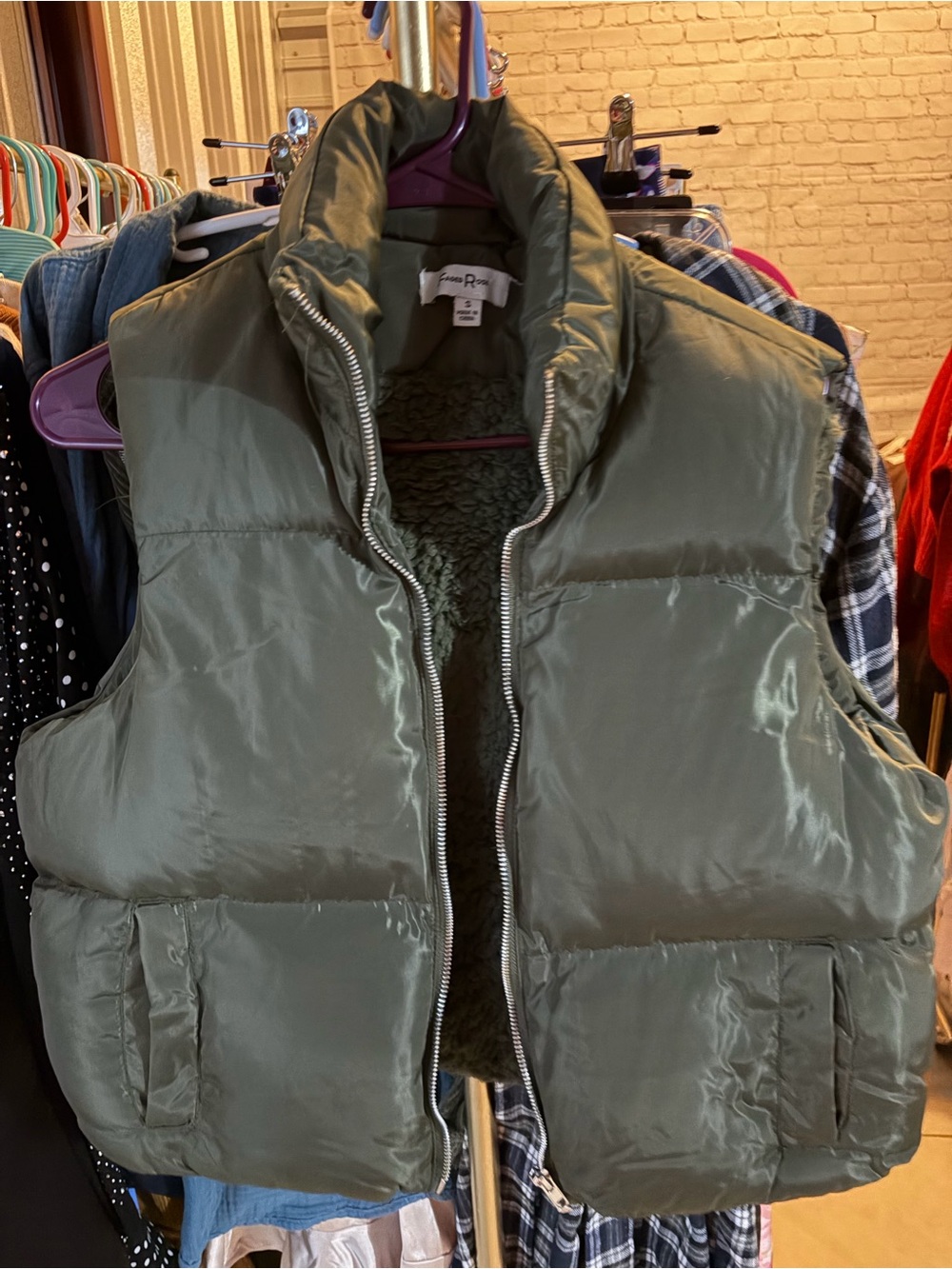 Quilted Olive Green Puffer Vest with Sherpa Lining